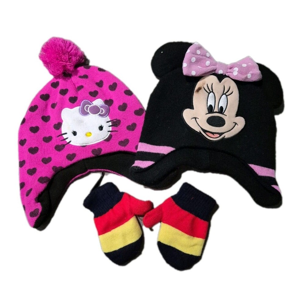 Toddler Girls Disney Winter Accessories Lot Minnie Mouse Hello Kitty Hat Mittens